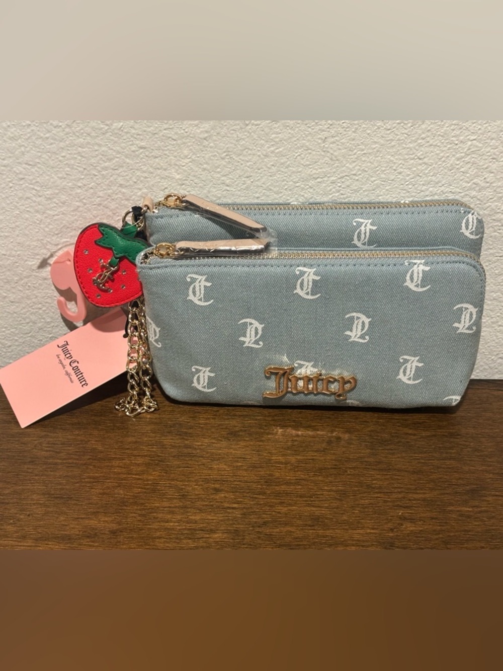 Juicy Couture Light Blue Logo Double Zip Wristlet with Strawberry Charm